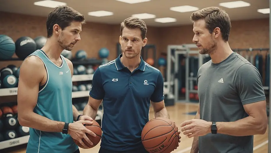 A customer and a professional discuss various types of sports equipment on site, examining items like basketballs, tennis rackets, and fitness gear.