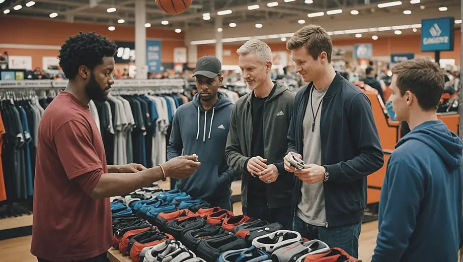 A diverse group of people shopping at a sports equipment store, examining various gear and apparel, while a friendly staff member assists a customer with a basketball.