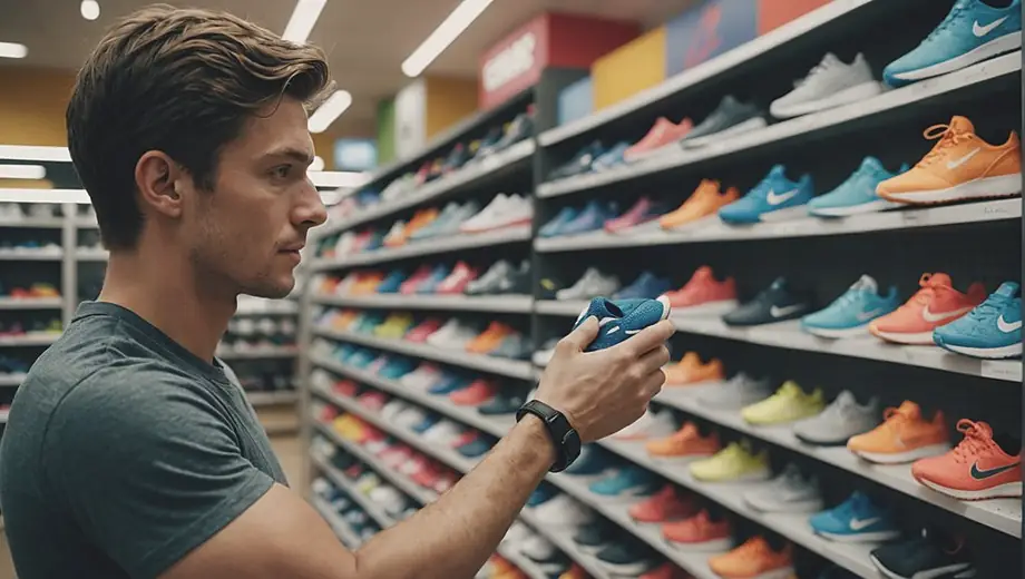A person stands in a sporting goods store, examining a selection of colorful athletic shoes displayed on a shelf.