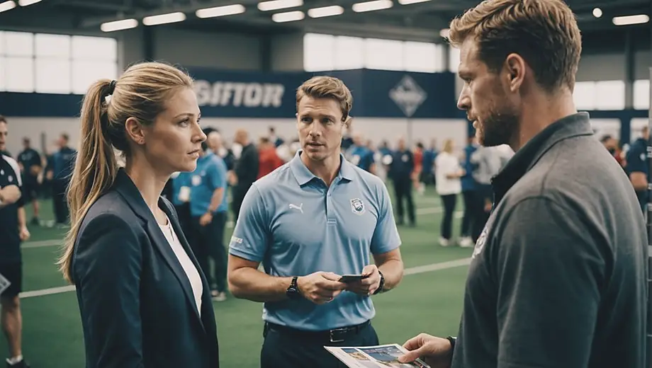 A customer and a professional engage in a discussion on-site at a sports management event, surrounded by promotional materials and sports equipment, highlighting their collaboration in the industry.