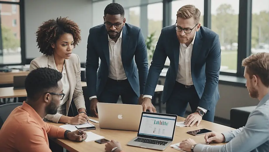 A diverse group of professionals in a sports management firm collaborates around a conference table, discussing strategies and analyzing data on laptops and tablets.