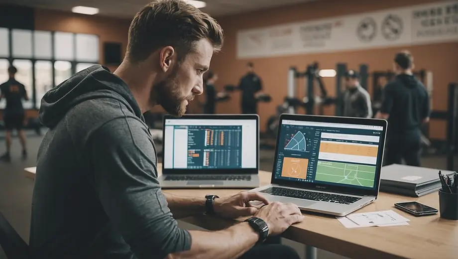 A focused athlete management professional reviews performance data on a laptop at a training facility, surrounded by sports equipment and motivational posters.