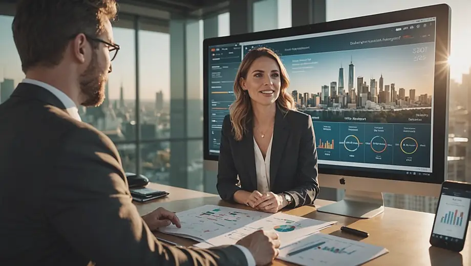 A customer and a professional engage in a discussion about talent management on-site, surrounded by charts and performance metrics displayed on a screen.