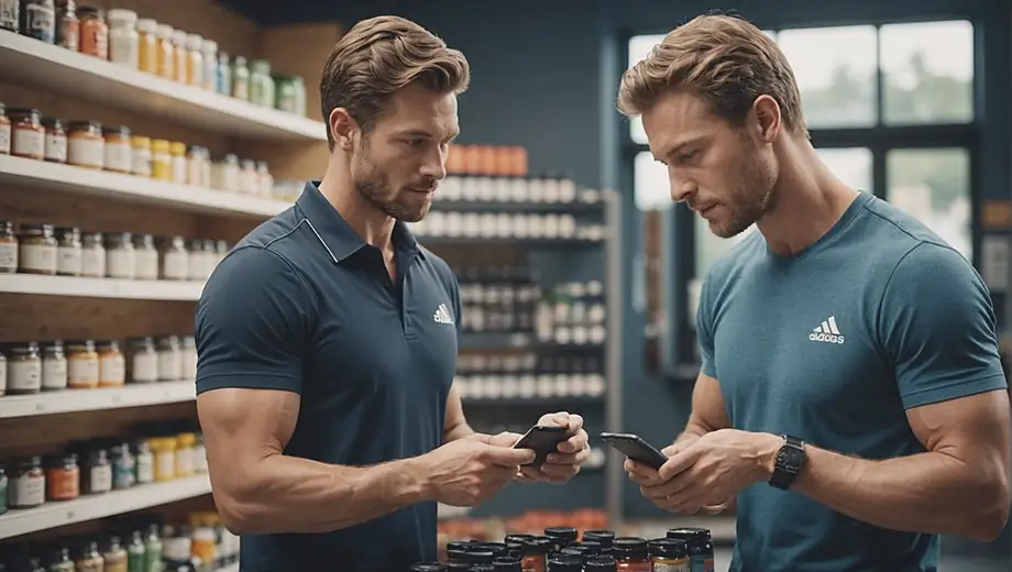 A customer consults with a professional on site about sports nutrition, examining various supplements and discussing tailored dietary plans to enhance athletic performance.