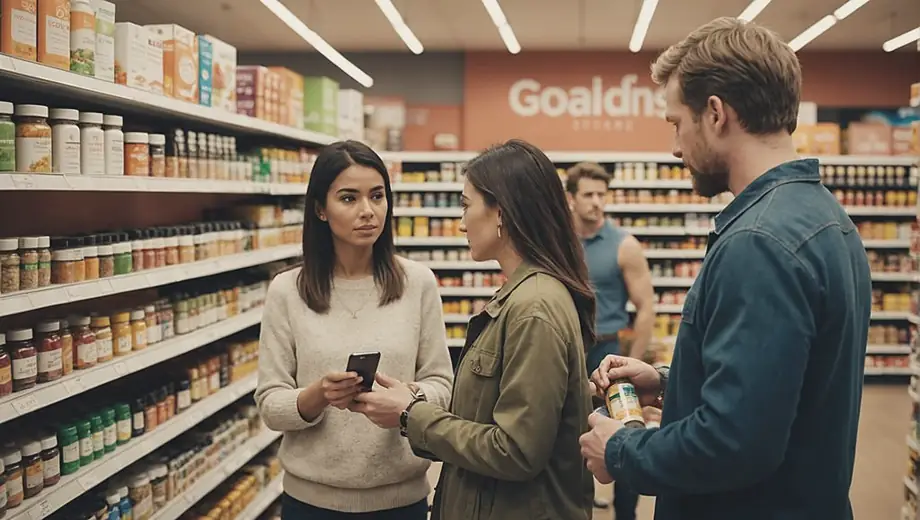 A diverse group of people shopping in a nutrition store, examining products on shelves filled with vitamins, supplements, and healthy snacks.