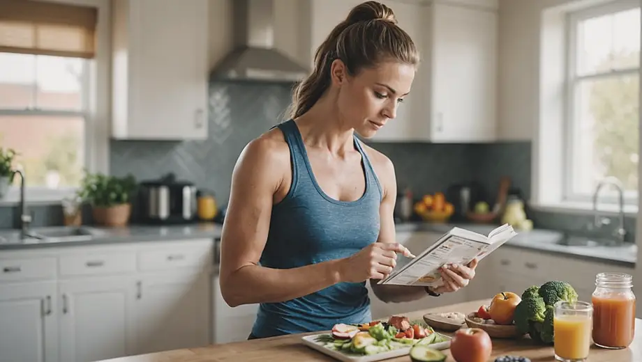A fitness enthusiast reviewing a sports nutrition guide while preparing a healthy meal in a bright kitchen.