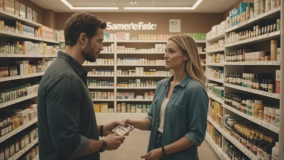 A customer and a professional engage in a discussion at a supplement store, surrounded by shelves filled with various health products and vitamins.