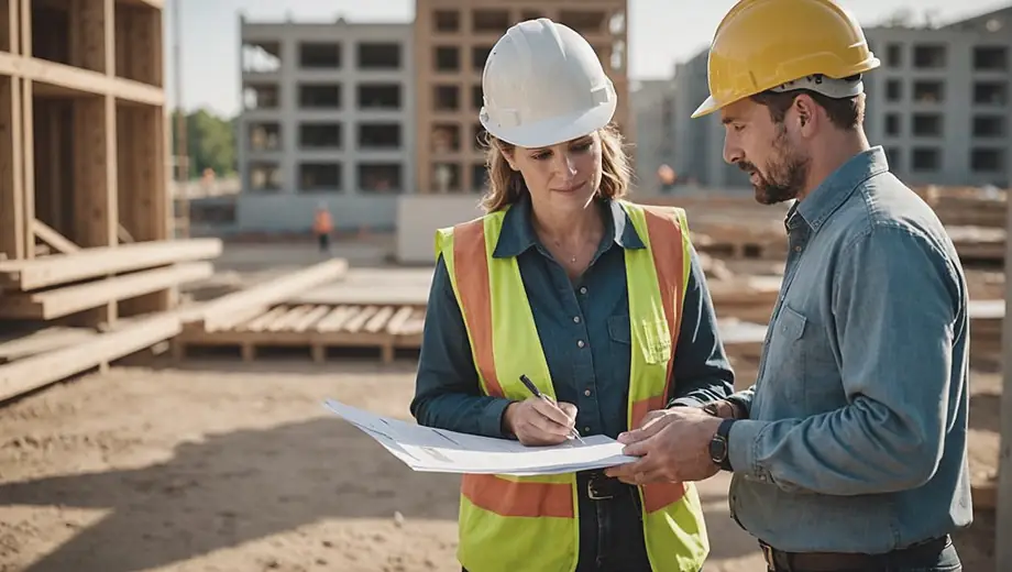 A customer and a staffing professional engage in conversation on-site, discussing project needs and solutions while reviewing documents at a construction site.