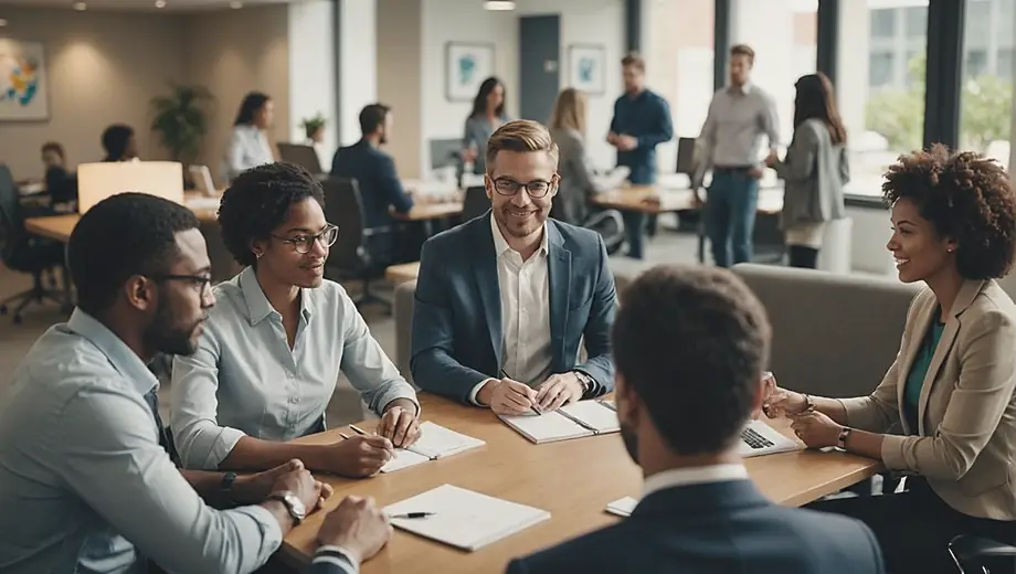 A diverse group of professionals collaborating in an office setting, discussing job placements and strategies for a staffing agency.