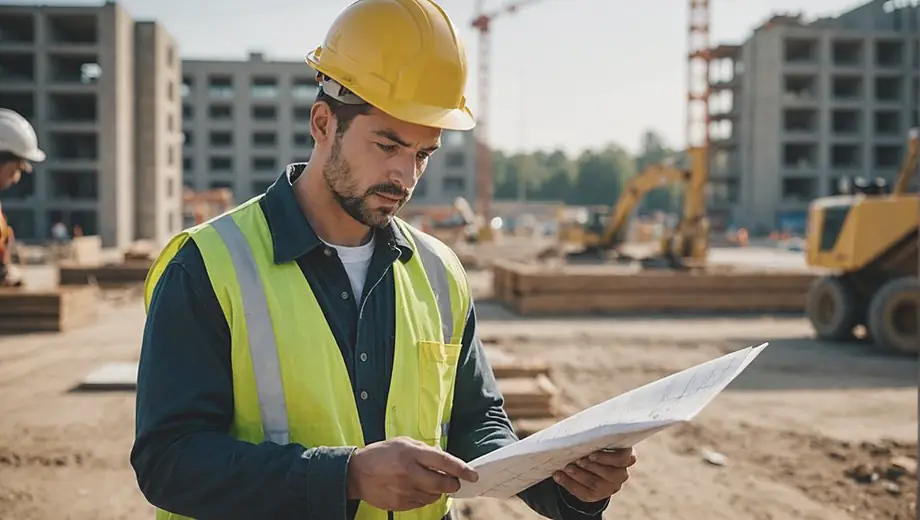 A focused individual stands on a construction site, reviewing plans and coordinating tasks, embodying effective workforce solutions in action.
