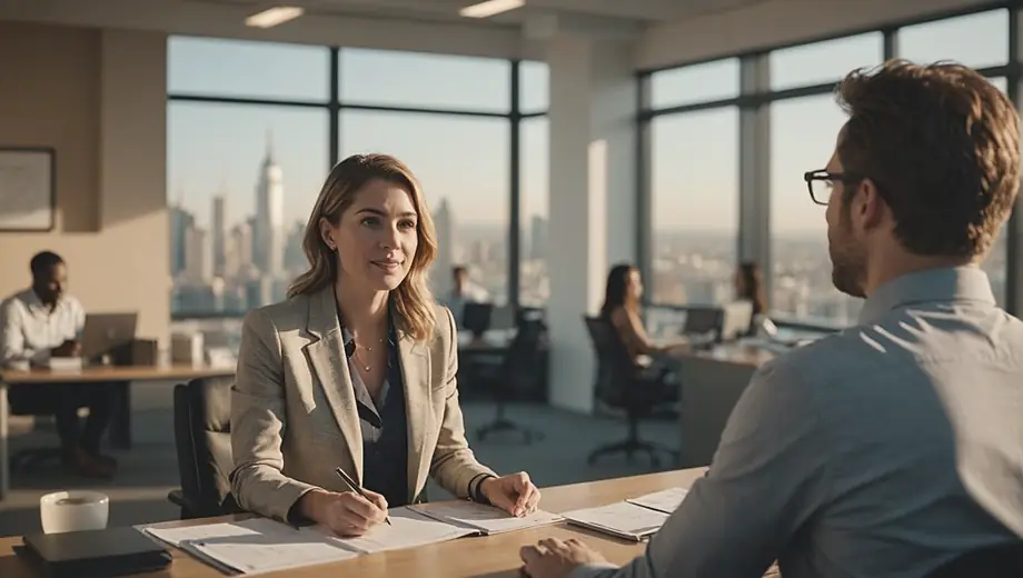 A recruitment agency professional discusses job opportunities with a customer at a bustling office, showcasing a collaborative atmosphere.