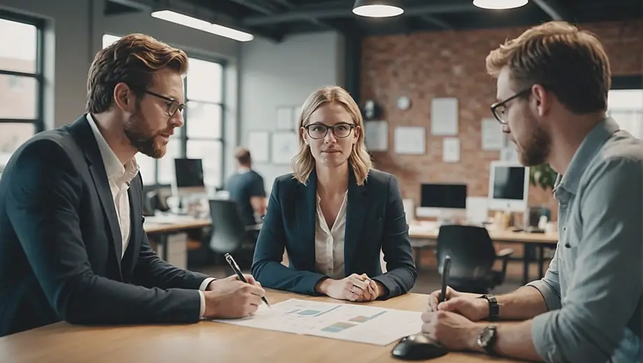 A customer and a professional engage in a discussion on-site at a startup, surrounded by modern workspaces and collaborative tools, highlighting innovation and teamwork.