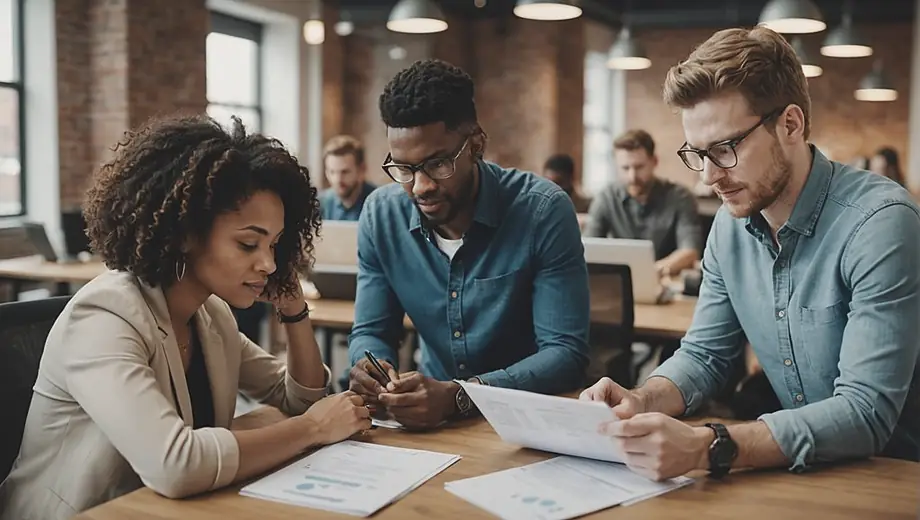 A diverse group of entrepreneurs collaborating in a modern office space, discussing strategies for their startup business while reviewing documents and using laptops.