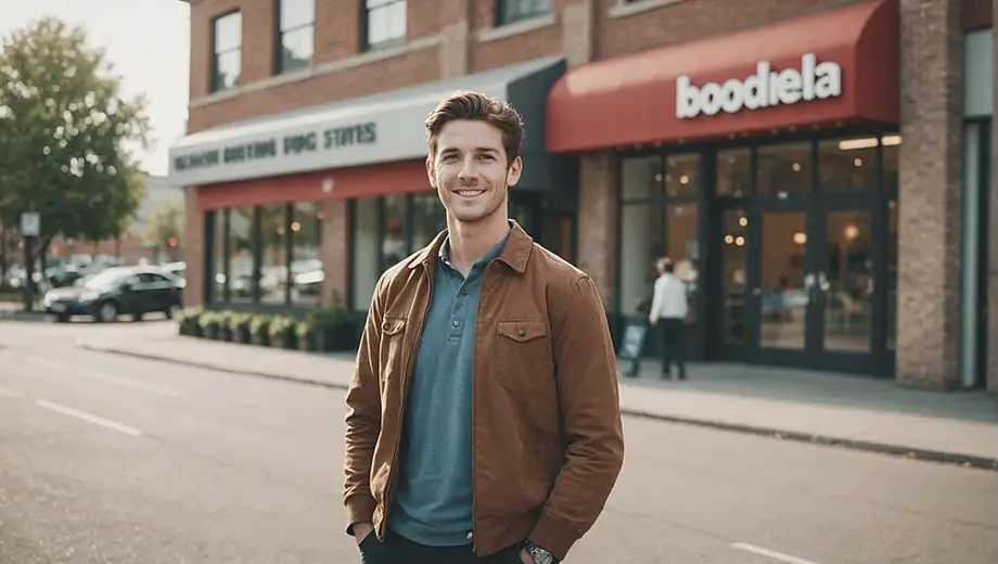 A person stands confidently in front of a newly established business location, showcasing their excitement for a new venture.
