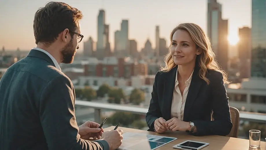 A customer and a professional from an entrepreneurial company engage in a discussion on-site, surrounded by innovative products and a collaborative atmosphere.