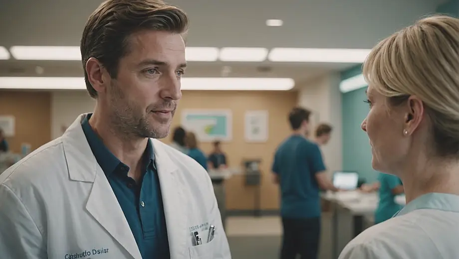 A customer discusses surgical options with a professional on site, both focused and engaged in the conversation.