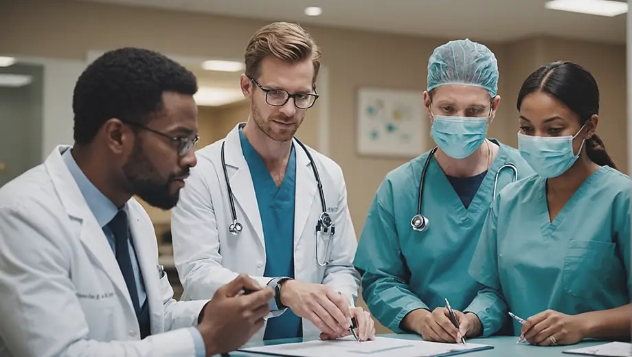 A diverse group of medical professionals collaborates in a modern surgical center, focusing on patient care and advanced surgical techniques.