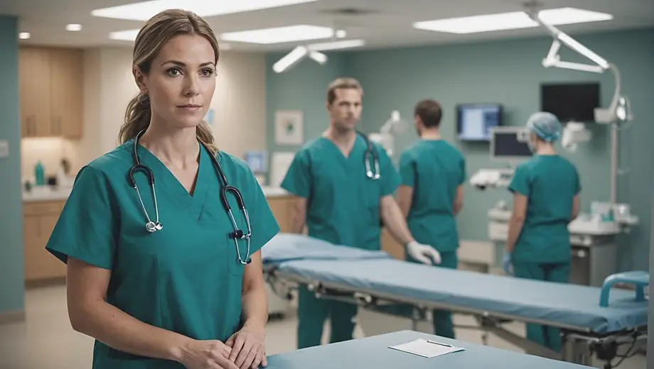 A healthcare professional in scrubs stands confidently in a modern surgery clinic, preparing for a procedure with advanced medical equipment in the background.