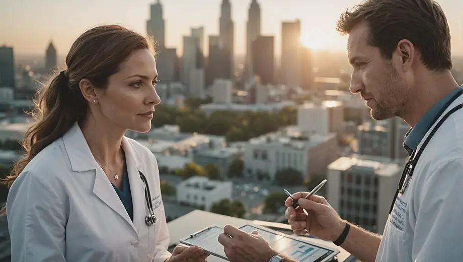 A customer discusses medical surgery options with a professional on site, highlighting a collaborative approach to healthcare decisions.