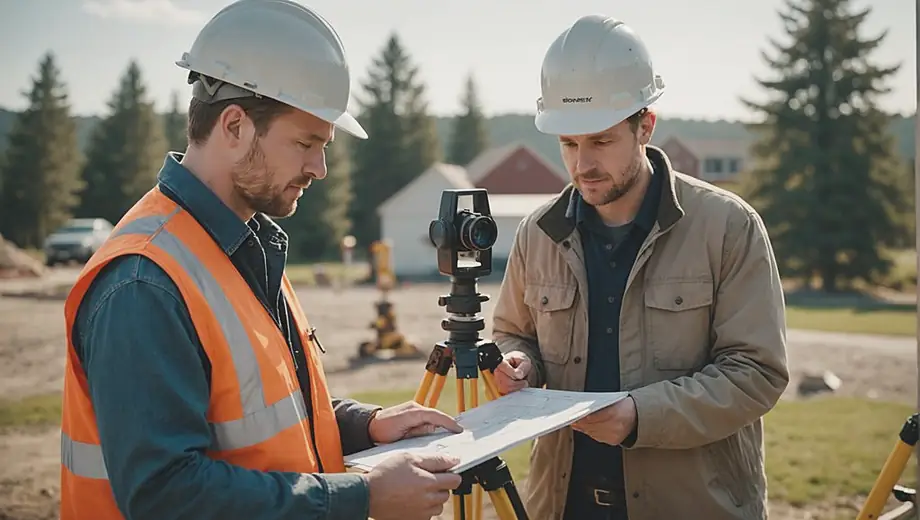 A customer and a professional surveyor collaborate on-site, examining land features and discussing measurements while using surveying equipment.