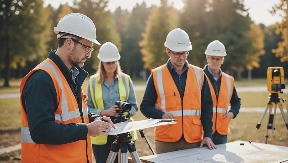 A group of land surveyors uses specialized equipment to measure and map a large outdoor area, collaborating to ensure accurate data collection.
