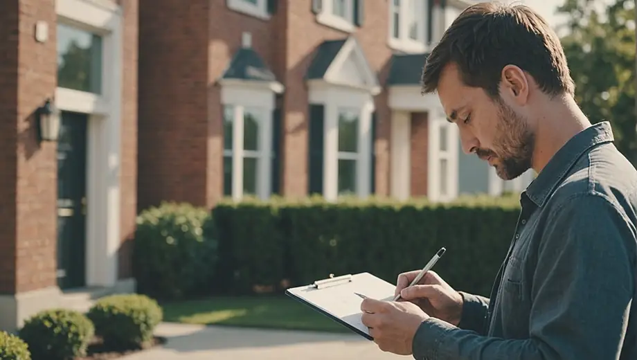 A person conducting a property assessment, examining the exterior of a residential building while taking notes on a clipboard.