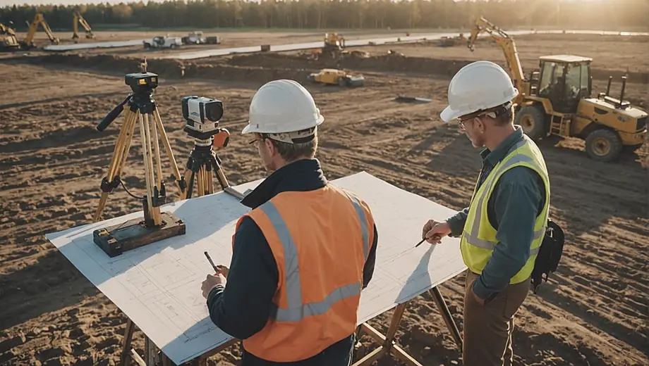 A customer and a professional surveyor are on site, discussing land measurement while examining a large plot of land with measuring tools and equipment in the background.