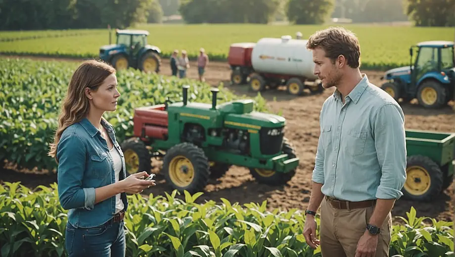 A customer and a professional discuss sustainable agriculture practices on a farm, surrounded by lush crops and eco-friendly farming equipment.
