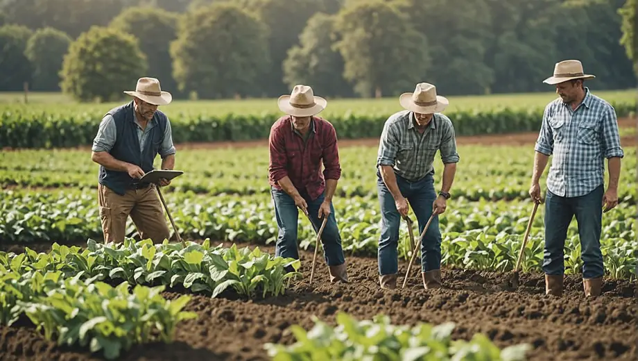 A diverse group of farmers working together in a lush field, practicing eco farming techniques such as crop rotation and organic planting to promote sustainability and protect the environment.
