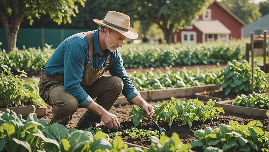 A farmer tending to a vibrant vegetable garden, showcasing sustainable agriculture practices through crop rotation and organic methods.