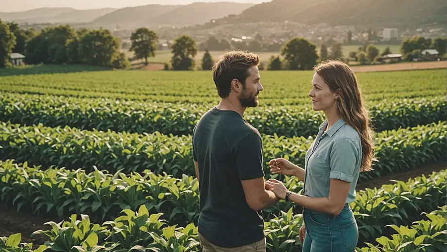 A customer and a professional discuss organic farming practices in a vibrant field, surrounded by lush crops and greenery, highlighting sustainable agriculture techniques.