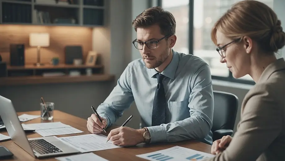 A customer and a professional discuss tax regulations at a desk, surrounded by documents and a laptop, highlighting a collaborative approach to financial planning.