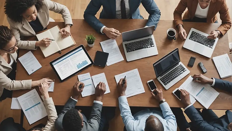 A diverse group of individuals gathered around a table, focused on tax preparation, with laptops, documents, and calculators spread out in front of them.
