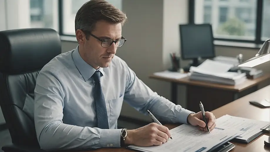 A tax consultant working at a desk, reviewing financial documents and providing expert advice to a client in a professional office setting.