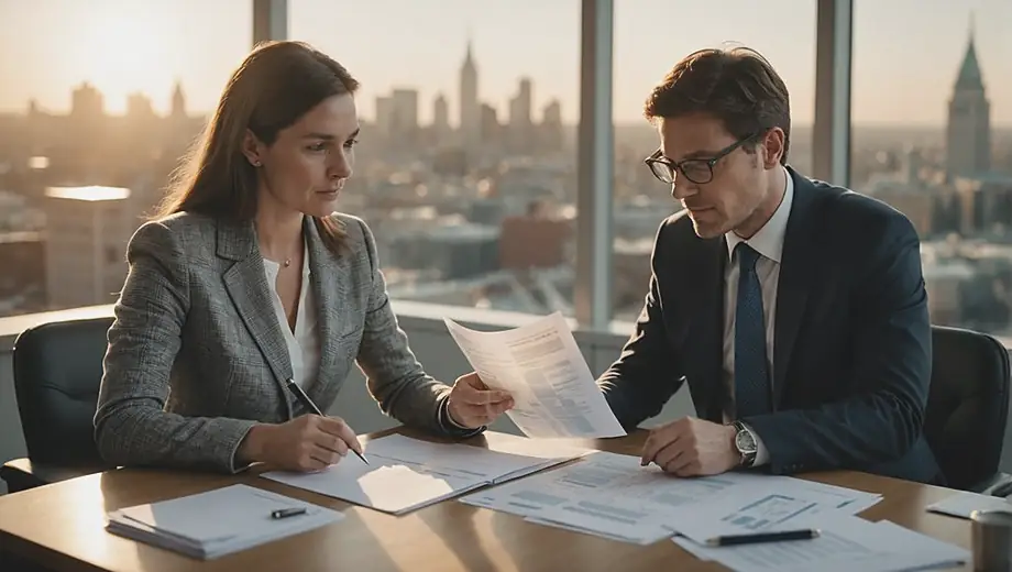 A tax advisor reviews financial documents with a customer at a desk, providing guidance and answering questions about tax planning strategies.