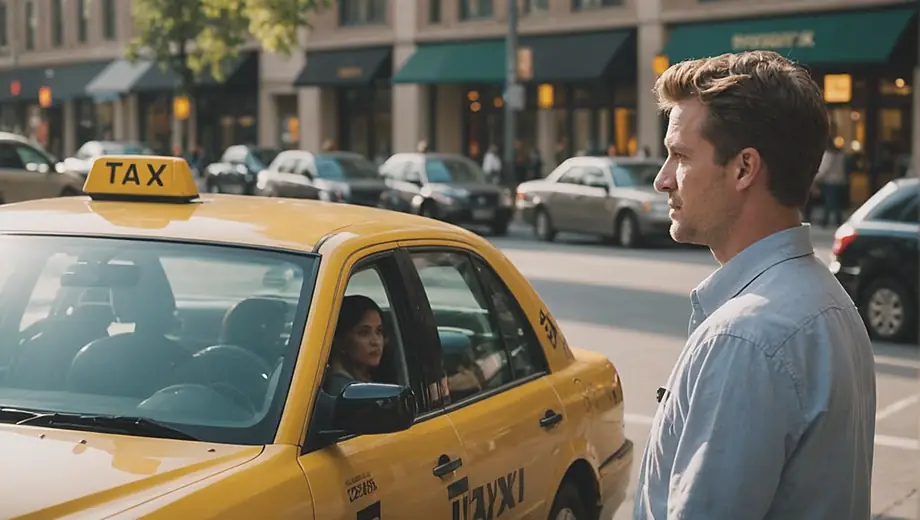 A customer discusses their transportation needs with a professional from a taxi service, standing beside a parked taxi in a busy urban setting.