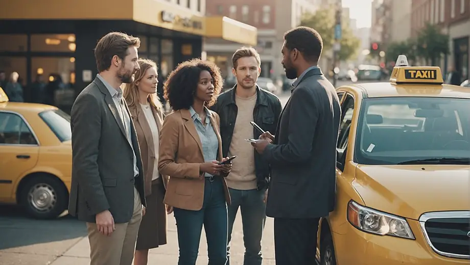 A diverse group of people standing outside a taxi company office, discussing their travel plans while waiting for a cab.