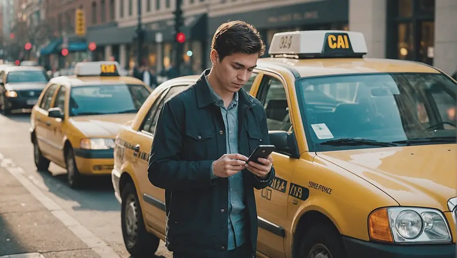 A person stands beside a cab service vehicle, checking their phone for ride details while waiting on a busy city street.