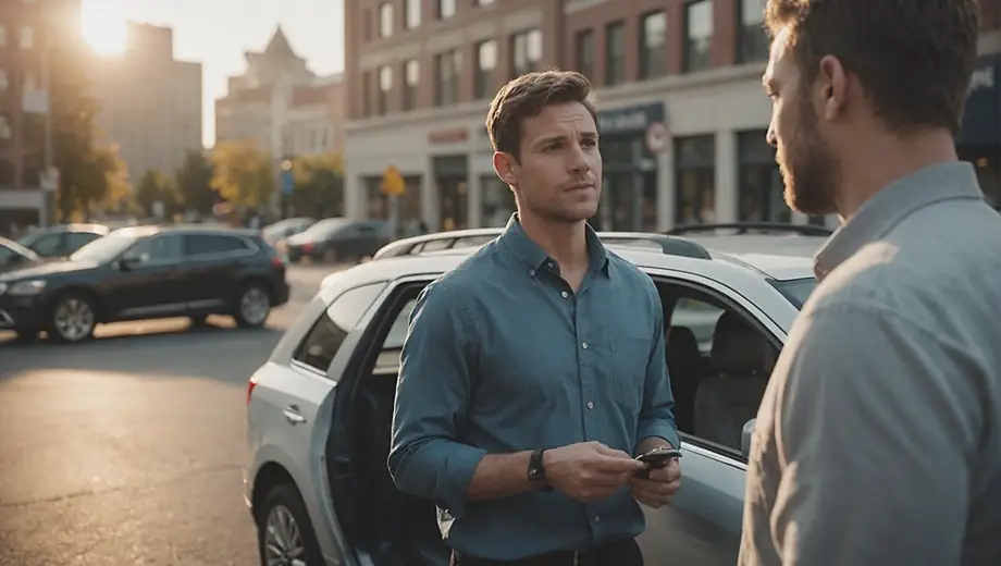A customer discusses details with a professional on site, both standing next to a vehicle ready for a ride service.