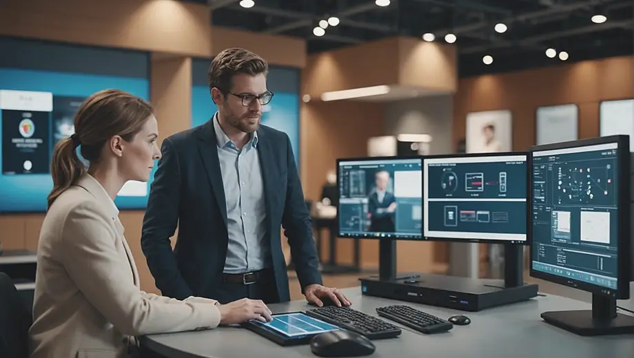 A customer and a professional discuss tech solutions on-site, surrounded by equipment and digital displays, showcasing collaboration and innovation.
