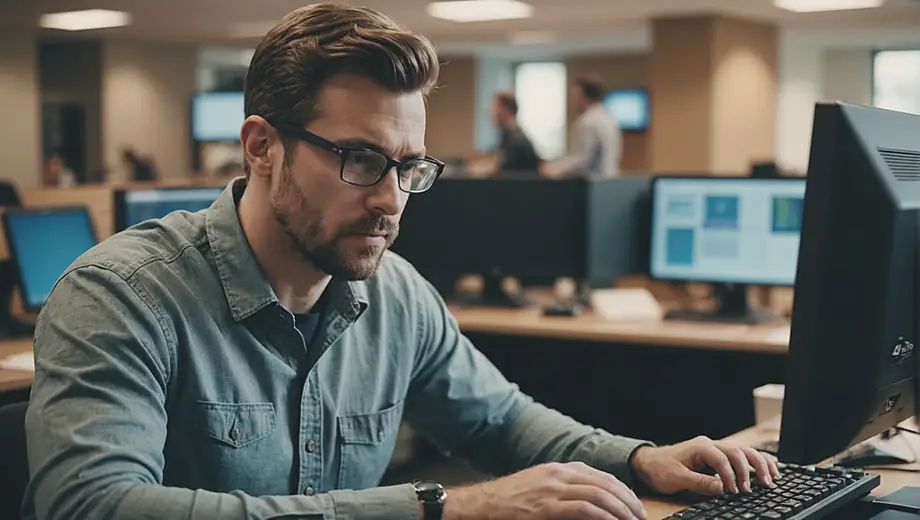 A technician working on IT services at a modern office, focused on troubleshooting a computer issue.