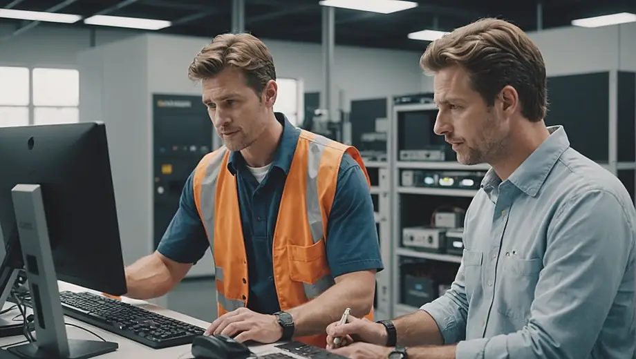 A customer and a professional technician are on site, discussing a tech support issue. The technician is demonstrating equipment while the customer observes attentively, highlighting a collaborative problem-solving moment.