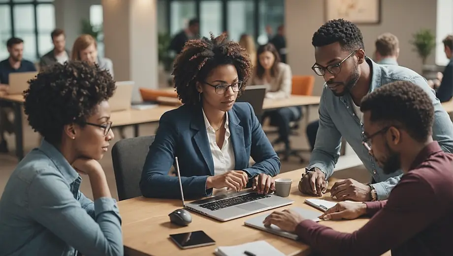 A diverse group of people collaborating at a desk, providing technical support on laptops and tablets, while discussing solutions and troubleshooting issues.