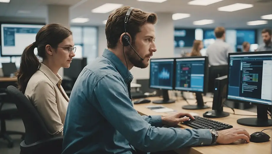 A technician at an IT help desk assists a customer with their computer issue, surrounded by monitors and technical equipment in a modern office environment.
