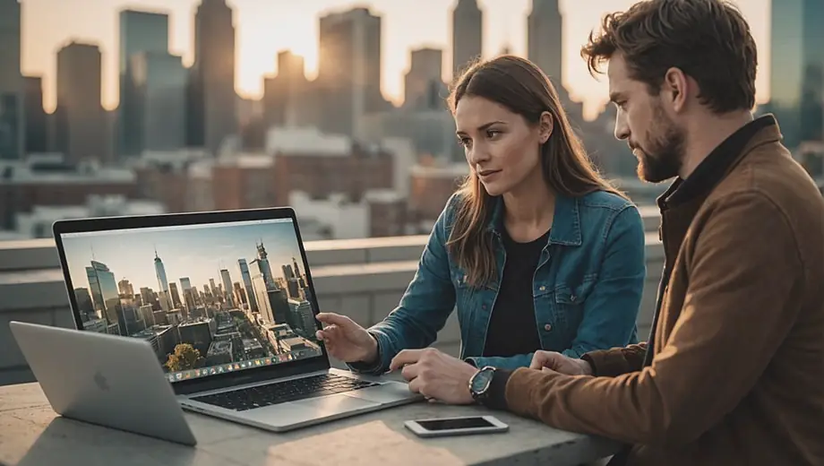 A customer receives tech assistance from a professional on site, as they discuss a laptop issue while surrounded by various electronic devices.