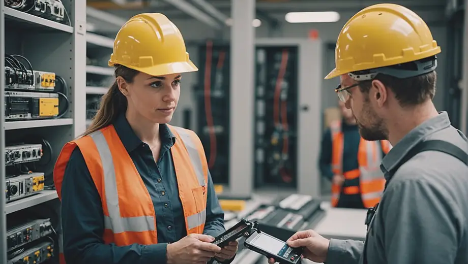 A customer and a telecommunications professional discuss equipment installation on-site, surrounded by cables and tools.