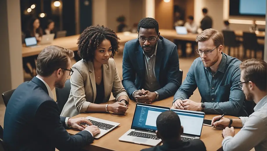 A diverse group of people gathered around a table, discussing plans and strategies for a telecom provider, with laptops and smartphones in front of them.