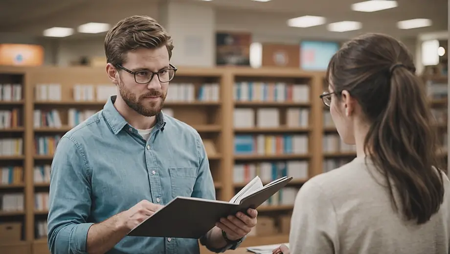 A customer and a professional engage in a focused discussion on-site, surrounded by educational materials and resources for Test Prep.