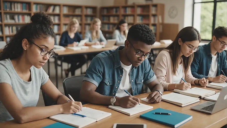 A diverse group of students engaged in test preparation, studying together at a table filled with books, notes, and laptops, focused on their study materials.