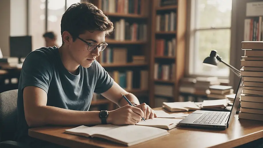 A student studying for SAT prep at a desk, surrounded by books and notes, focused on their laptop screen.